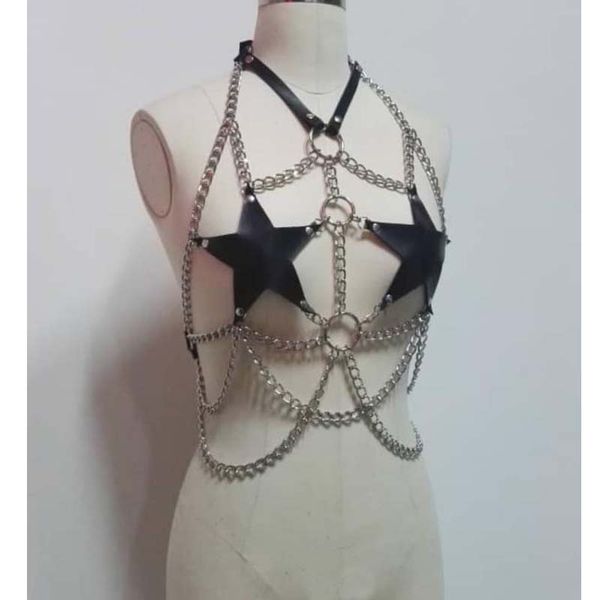 100% handmade real leather star pentagram harness heavy duty chain links costume outfit stage performance bra, Black;red
100% handmade real leather star pentagram harness heavy duty chain links costume outfit stage performance bra, Black;red