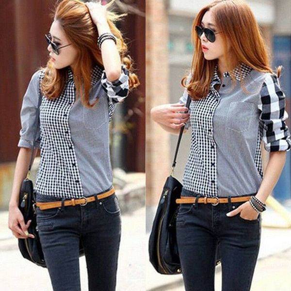new women lady summer plaid shirt long sleeve lapel blouse slim fit casual top, White
new women lady summer plaid shirt long sleeve lapel blouse slim fit casual top, White