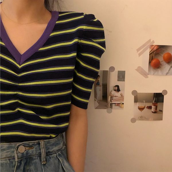 ins mind machine t-shirt bubble sleeve all-match loose v-neck contrast color striped t-shirt female, White 
ins mind machine t-shirt bubble sleeve all-match loose v-neck contrast color striped t-shirt female, White