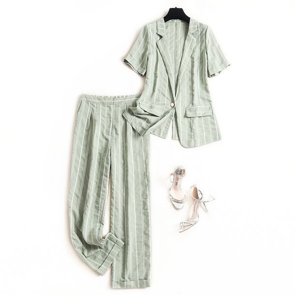 women striped blazer suit summer 2020 green short sleeve one button blazers and long pants casual elegane two piece set, White
women striped blazer suit summer 2020 green short sleeve one button blazers and long pants casual elegane two piece set, White