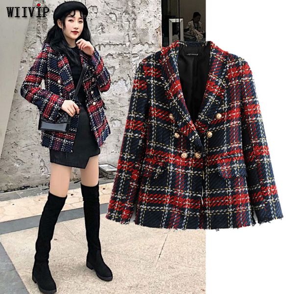 

new casual tweed plaid blazer women red blend winter jacket coat mujer fashion office ladies female blazer coat autumn 9586-1, White;black