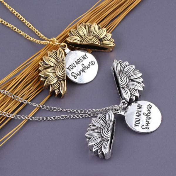 

new style you are my sunshine engraved necklace sunflower locket necklace can open pendant necklace christmas gift, Silver