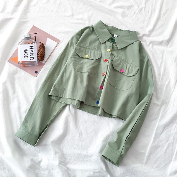 2020 new spring turn down collar shirt crop women blusas long sleeve striped print short female half button sweat shirt, White
2020 new spring turn down collar shirt crop women blusas long sleeve striped print short female half button sweat shirt, White
