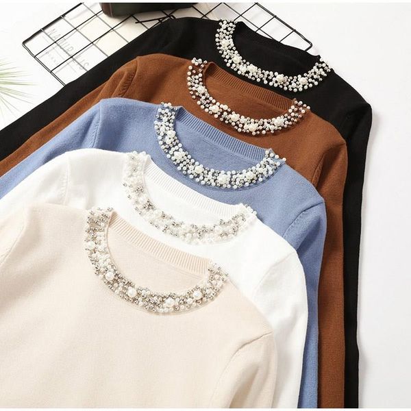 autumn beadings o-neck pullover women's sweater long sleeve solid office lady female jumper woman sweaters, White;black
autumn beadings o-neck pullover women's sweater long sleeve solid office lady female jumper woman sweaters, White;black