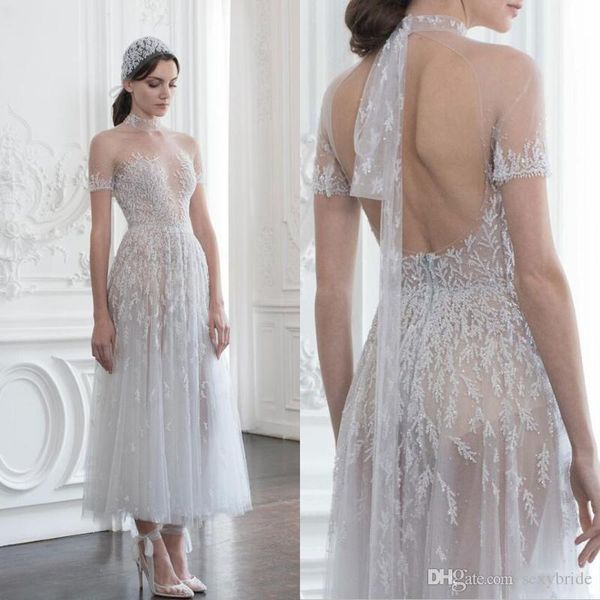 designer tea length appliques prom dresses a line 2019 high neck evening dress sheer short sleeve see through formal party gowns, Black
designer tea length appliques prom dresses a line 2019 high neck evening dress sheer short sleeve see through formal party gowns, Black