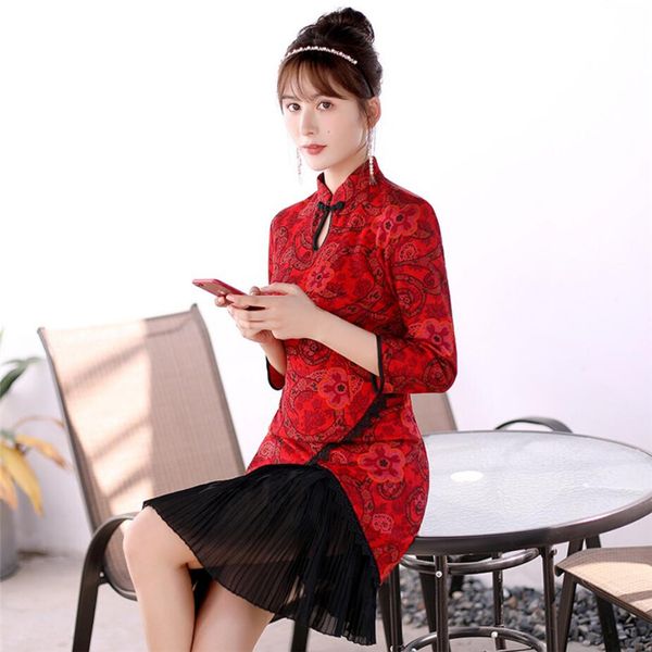 vintage chinese womens cheongsam retro autumn winter suede velvet qipao dress mini pleated skirted lace improved qipao, Red
vintage chinese womens cheongsam retro autumn winter suede velvet qipao dress mini pleated skirted lace improved qipao, Red