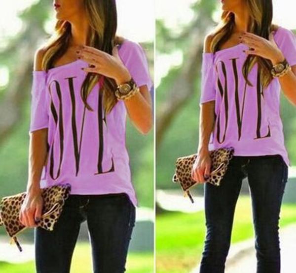 womens designer t shirt 2019 summer new fashion print off-shoulder short sleeve casual loose letter love fashion strapless tees 16 style, White 
womens designer t shirt 2019 summer new fashion print off-shoulder short sleeve casual loose letter love fashion strapless tees 16 style, White