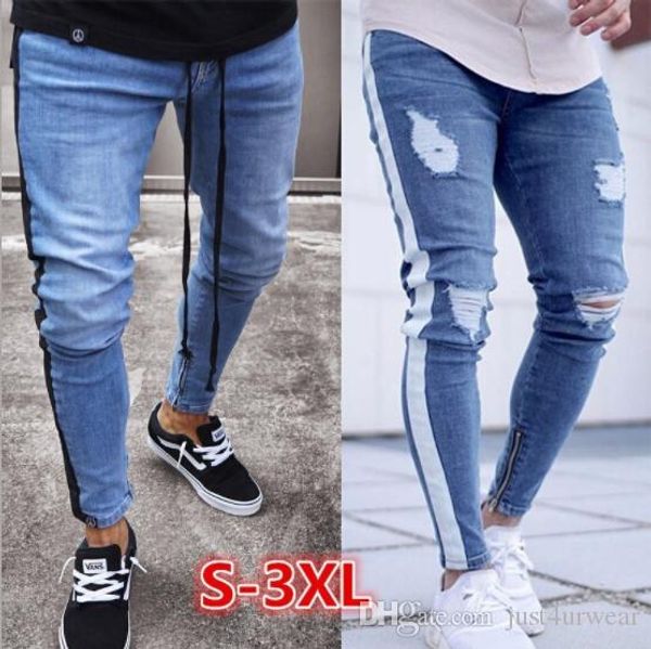 mens ripped jeans leg zipper striped biker denim pencil pants male fit long trousers pants slim distressed streetwear jeans mens pants, Blue
mens ripped jeans leg zipper striped biker denim pencil pants male fit long trousers pants slim distressed streetwear jeans mens pants, Blue