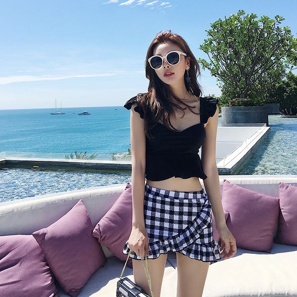 split women's skirt style high-waisted spring girl black short skirt swimsuit plaid slim gathering conservative swimsuit, White;black
split women's skirt style high-waisted spring girl black short skirt swimsuit plaid slim gathering conservative swimsuit, White;black