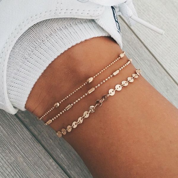 

new summer bohemia multi-layers gold silver beads sequins 3 pieces set bracelet anklet for women jewelry foot chain anklets gift, Golden;silver