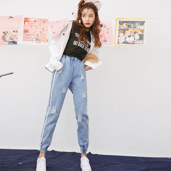 a generation of fat p shoot 2017 spring and autumn-cowboy washing water with holes beam leg elastic waist harem pants, Blue
a generation of fat p shoot 2017 spring and autumn-cowboy washing water with holes beam leg elastic waist harem pants, Blue