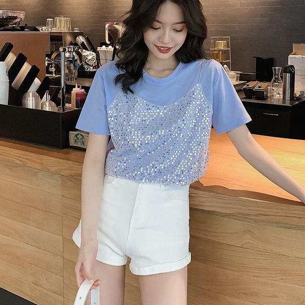 2020 new summer women fashion fake two piece glitter sequined o-neck t shirt lady patchwork sparkling loose tee shirts s206, White
2020 new summer women fashion fake two piece glitter sequined o-neck t shirt lady patchwork sparkling loose tee shirts s206, White