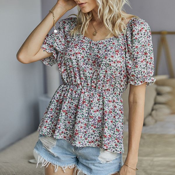 women's blouses & shirts fashion woman peach blossom floral shirt lotus leaf short-sleeved square collar ethnic style casual clothing, White
women's blouses & shirts fashion woman peach blossom floral shirt lotus leaf short-sleeved square collar ethnic style casual clothing, White