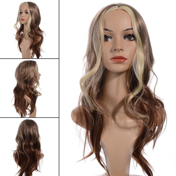 

1pc women synthetic hair long curly wavy ombre brown gold natural full wigs with hair net 65cm