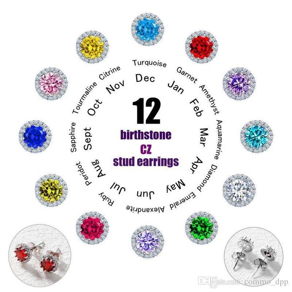 luxury birthday stones cz stud earrings for women cubic zirconia 12 month birthstone 925 sterling silver earring fashion jewelry gift, Golden;silver