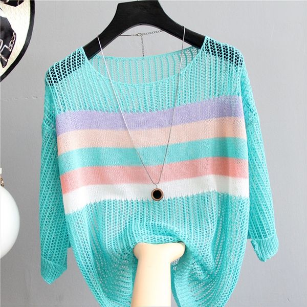 a12020 hollowed-out sunscreen shirt loose middle sleeve t-shirt sweater blouse striped color ice silk sweater, White
a12020 hollowed-out sunscreen shirt loose middle sleeve t-shirt sweater blouse striped color ice silk sweater, White