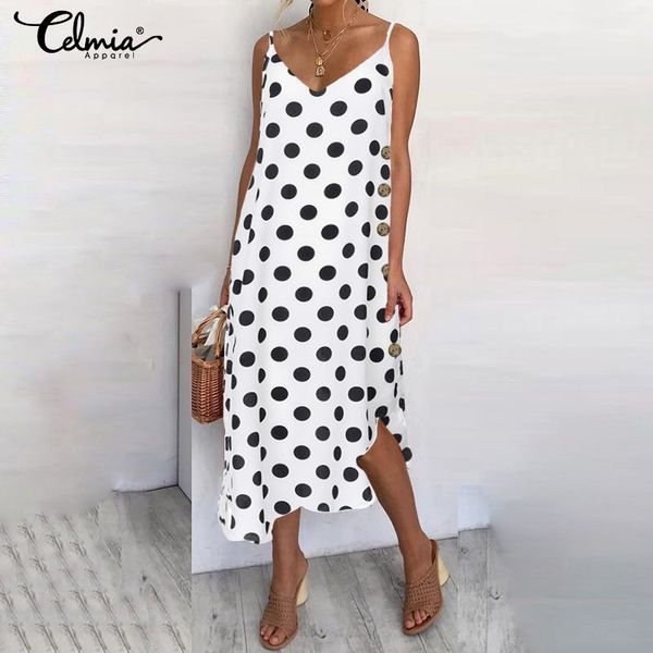 2019 celmia plus size women summer beach sundress spaghetti straps polka dot dress casual button asymmetric midi vestidos 7, Black;gray
2019 celmia plus size women summer beach sundress spaghetti straps polka dot dress casual button asymmetric midi vestidos 7, Black;gray