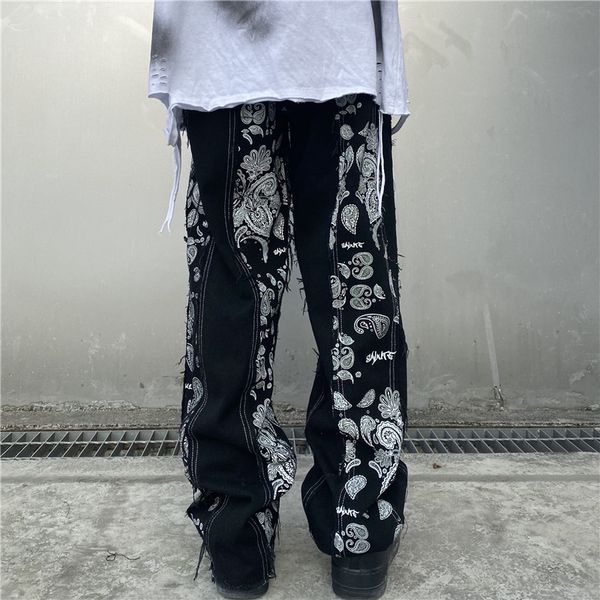 male ragged design streetwear hip hop denim pants men vintage pattern print straight jeans trousers, Blue
male ragged design streetwear hip hop denim pants men vintage pattern print straight jeans trousers, Blue