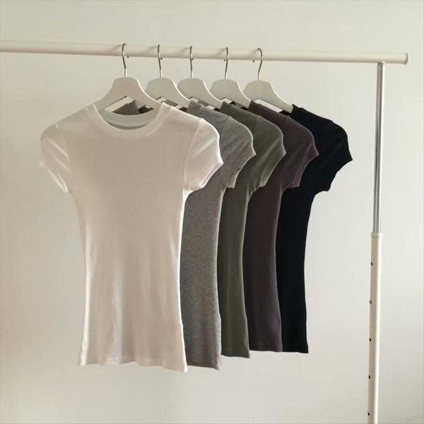 cotton tight base skinny thread elastic wrap chest big short sleeve small round collar t-shirt female, White
cotton tight base skinny thread elastic wrap chest big short sleeve small round collar t-shirt female, White