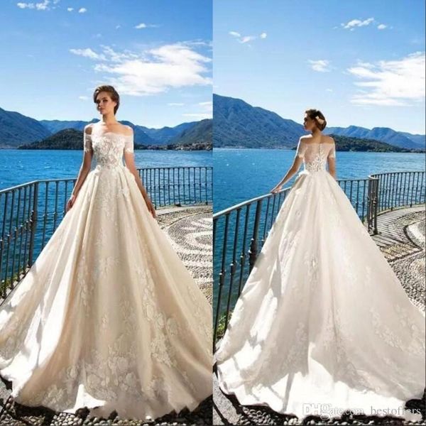 milla nova 2019 off the shoulder spring wedding dresses short sleeves lace appliqued bridal gowns long sweep train wedding gowns bc0241, White
milla nova 2019 off the shoulder spring wedding dresses short sleeves lace appliqued bridal gowns long sweep train wedding gowns bc0241, White