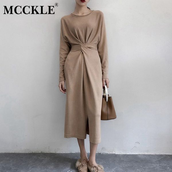 

women's long sleeve split knitted a-line midi dress high waist bowtie bandage lace up female dresses 2019 spring o-neck clothes, Black;gray