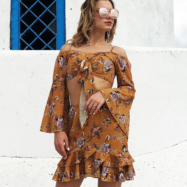 2019 women summer bohemian suit with irregular chiffon half length skirt, White