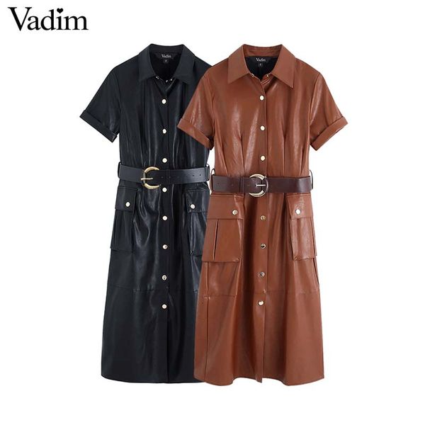 casual dresses vadim women stylish pu leather midi dress sashes design pockets short sleeve female fashion solid vestidos qd063, Black;gray
casual dresses vadim women stylish pu leather midi dress sashes design pockets short sleeve female fashion solid vestidos qd063, Black;gray