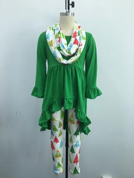 christmas tree printed kid girl outfit with scarf green cotton high-low tunic match legging girls clothing set, White
christmas tree printed kid girl outfit with scarf green cotton high-low tunic match legging girls clothing set, White