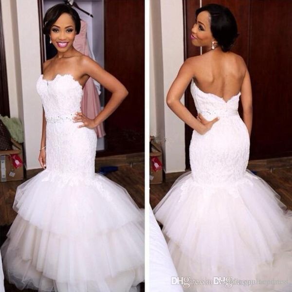 african new arrival mermaid wedding dresses lace appliques sweetheart backless tiered tulle floor length wedding dress bridal gowns, White
african new arrival mermaid wedding dresses lace appliques sweetheart backless tiered tulle floor length wedding dress bridal gowns, White