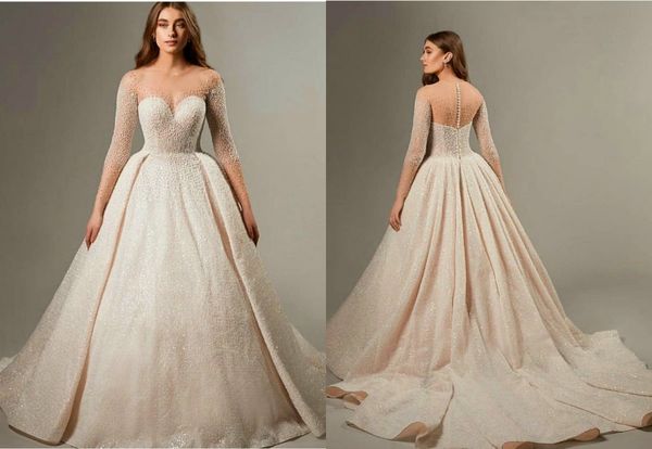 luxury a line wedding dresses v-neck long sleeve appliqued lace beaded sequins wedding gown custom made sweep train vestidos de novia, White
luxury a line wedding dresses v-neck long sleeve appliqued lace beaded sequins wedding gown custom made sweep train vestidos de novia, White