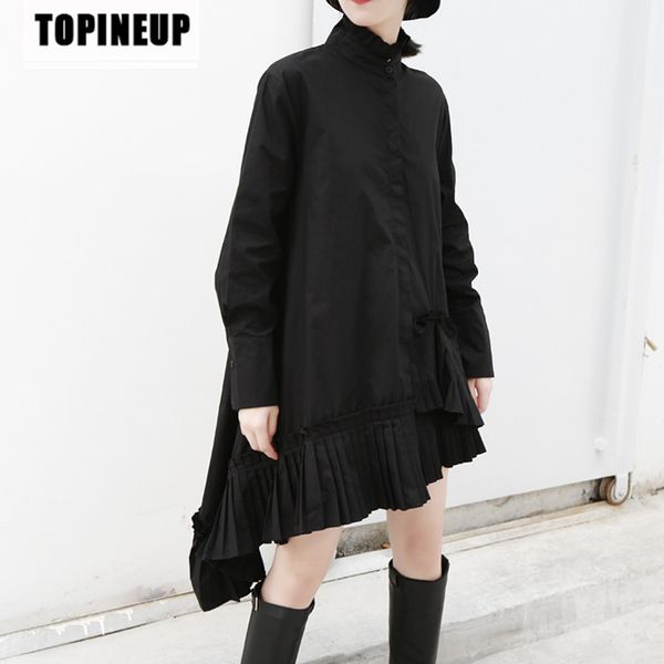 women's stylish elegant solid color long-sleeve stand collar pleated asymmetric shirt, White
women's stylish elegant solid color long-sleeve stand collar pleated asymmetric shirt, White