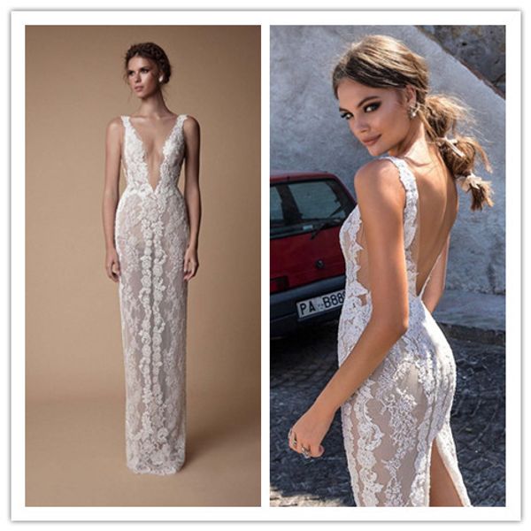 berta 2019 new lace wedding dresses backless v neckline illusion bodice floor length open back split bridal gowns, White
berta 2019 new lace wedding dresses backless v neckline illusion bodice floor length open back split bridal gowns, White