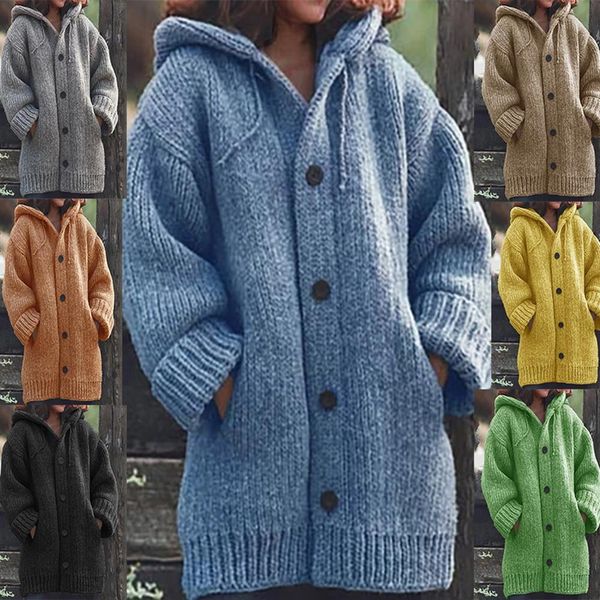autumn winter warm women solid color pockets button hooded casual knitted cardigan femme streetwear outwear coat, White
autumn winter warm women solid color pockets button hooded casual knitted cardigan femme streetwear outwear coat, White