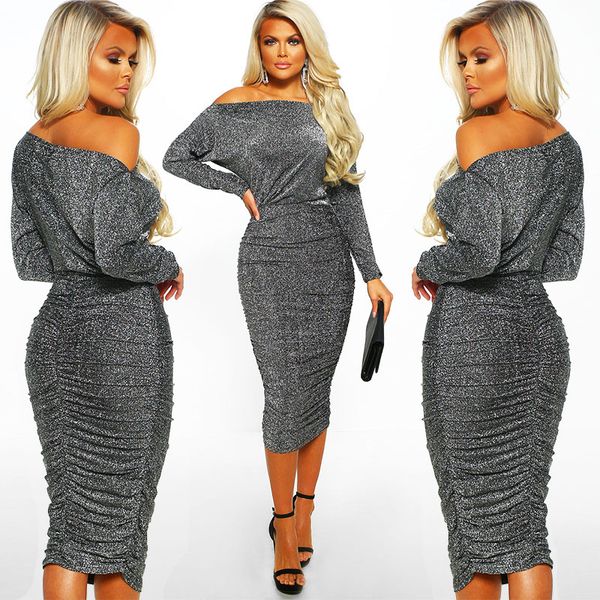 glitter pleated off shoulder dress club women midi skinny dresses shining bodycon slim pencil dress winter party vestidos, Black;gray
glitter pleated off shoulder dress club women midi skinny dresses shining bodycon slim pencil dress winter party vestidos, Black;gray