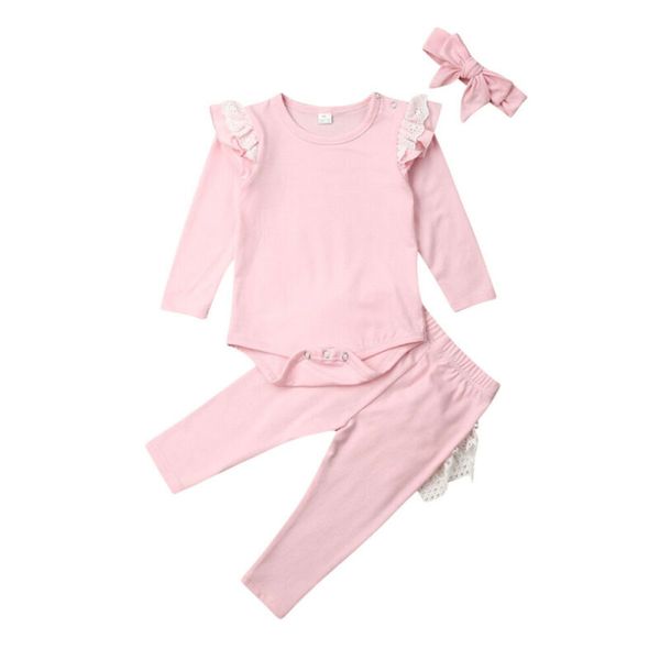 newborn baby girl clothes long sleeve +ruffle lace pants headband outfit, White