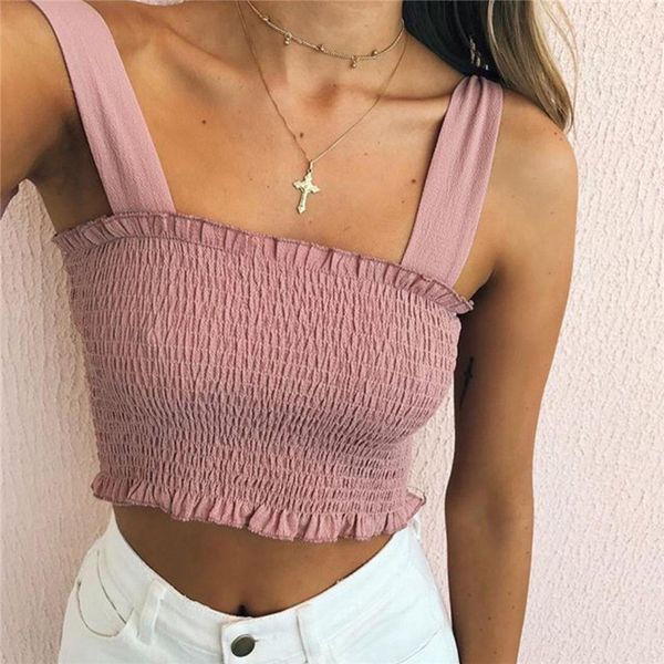 

Februaryfrost Women Bow Tie Strap Ruched Tank Top Fashion Summer Autumn Tube Crop Top Lettuce Edge Elastic Camis Vest