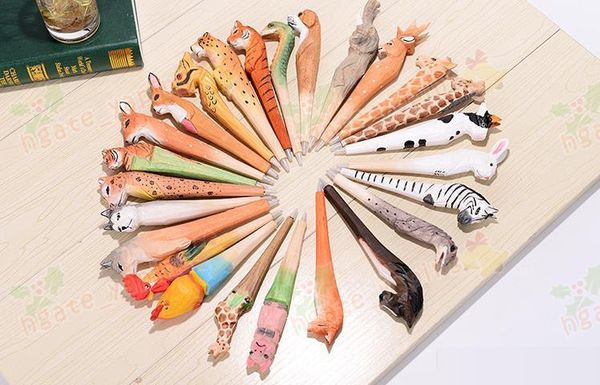 100pcs/lot Animal Wooden Carving Creative Ballpoint Pen Wood Ball Point Pens Handmade Sculpture Student Ball-point Ing