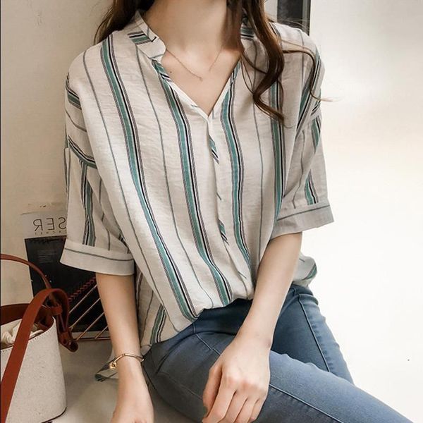 ladies striped shirt v neck half sleeve loose korean blouse chiffon shirt women casual summer cardigan, White
ladies striped shirt v neck half sleeve loose korean blouse chiffon shirt women casual summer cardigan, White