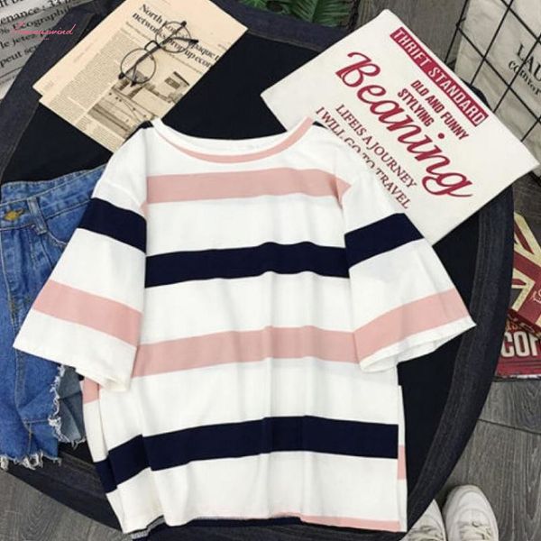 2019 new woman tshirt summer short midriff baring short sleeve round collar striped t shirt female clothes, White
2019 new woman tshirt summer short midriff baring short sleeve round collar striped t shirt female clothes, White