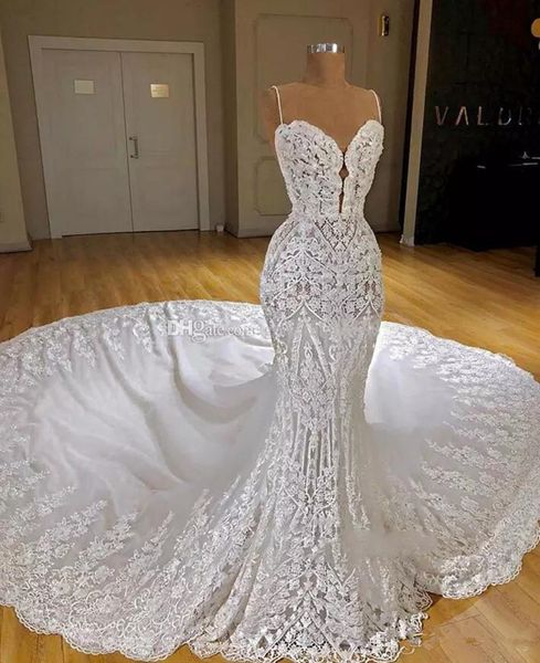 gorgeous lace mermaid wedding dresses spaghetti appliques beaded illusion bodice sweep train beach wedding dress custom made country bride, White
gorgeous lace mermaid wedding dresses spaghetti appliques beaded illusion bodice sweep train beach wedding dress custom made country bride, White