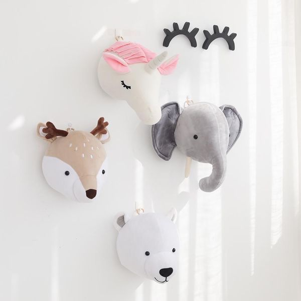 

Plush Head Elephant Unicorn Deer Nursery Childhood Room Decor Wall Hangings for Baby Bedroom Wall Mount Kids Stuffed Animal Toys