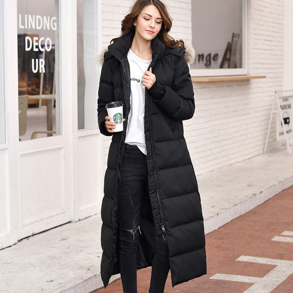 down jacket woman women's hooded big fur collar thick long winter coat women korean jackets manteau femme hiver kj567, Black
