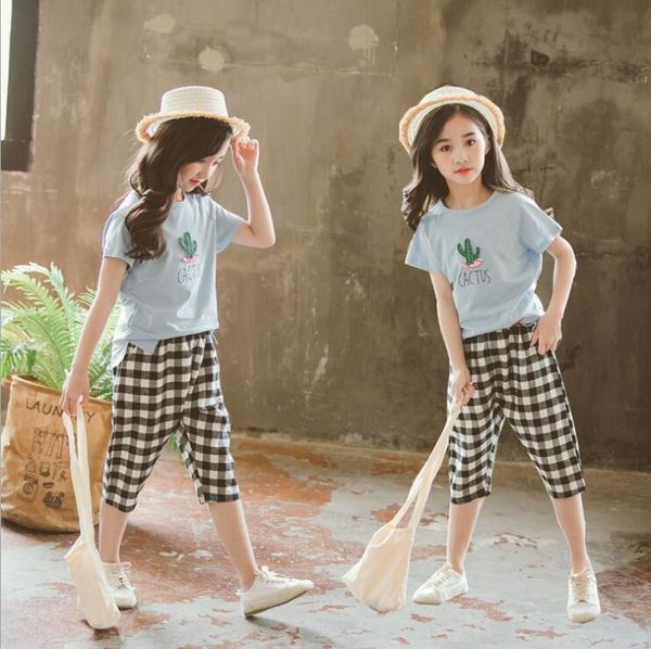 girls clothing sets wholesale girls suits black cactu pattern plaid shorts 2pcs set teenage outfits suits, White 
girls clothing sets wholesale girls suits black cactu pattern plaid shorts 2pcs set teenage outfits suits, White