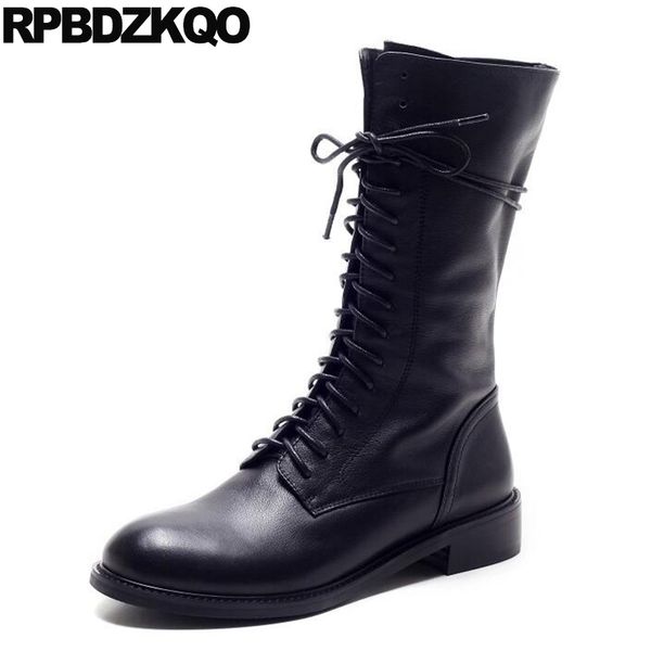 women 2017 side zip boots lace up big mid calf black genuine leather shoes flat round toe new chinese fashion
women 2017 side zip boots lace up big mid calf black genuine leather shoes flat round toe new chinese fashion