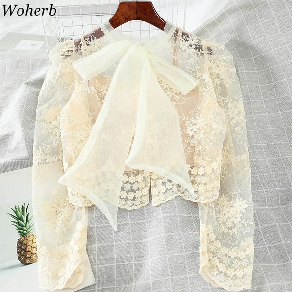 woherb elegant fashion shirts women bow tie collar lace see through blouse female sweet short korean new blusas mujer 91250, White
woherb elegant fashion shirts women bow tie collar lace see through blouse female sweet short korean new blusas mujer 91250, White