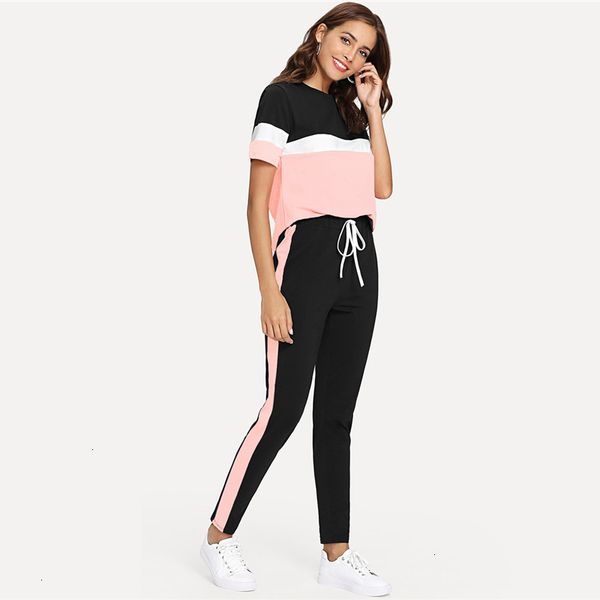 color block tee and drawstring tape pants low set streetwear short sleeve women tracksuit 2019 spring casual 2 piece set, White
color block tee and drawstring tape pants low set streetwear short sleeve women tracksuit 2019 spring casual 2 piece set, White