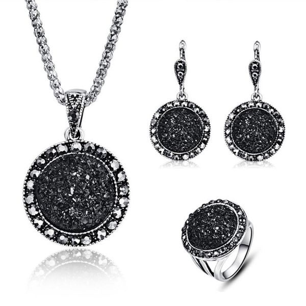 3pcs/set fashion jewelry sets black gravels resin round pendent necklace rings earrings for women engagement wedding, Silver
3pcs/set fashion jewelry sets black gravels resin round pendent necklace rings earrings for women engagement wedding, Silver