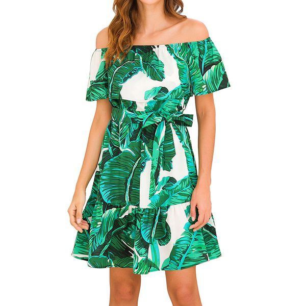 Women's Dress Coconut Tree Print Belt Slash Neck Wrapped Chest High Waist Beach Ruffle Sleeve Quality Casual Sundress 
Women's Dress Coconut Tree Print Belt Slash Neck Wrapped Chest High Waist Beach Ruffle Sleeve Quality Casual Sundress