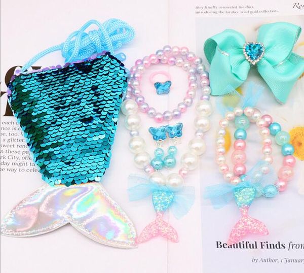 10 Colors Kids Mermaid Frozen Jewelry Set Multi Beads Necklace Bracelet Earrings Ring Wallet Clipper Kids Girl Jewelry Gift 1 Box For 6 Pcs