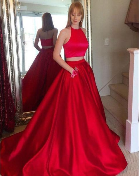 2019 new two pieces red a line evening party gowns with pockets stain halter neck back prom dresses long prom dresses sweep train, Black;red
2019 new two pieces red a line evening party gowns with pockets stain halter neck back prom dresses long prom dresses sweep train, Black;red